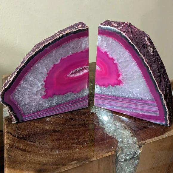 Pair of Brazilian Agate Geodes Dyed Pink Polished Sections for Bookends, Etc - Picture 3 of 14